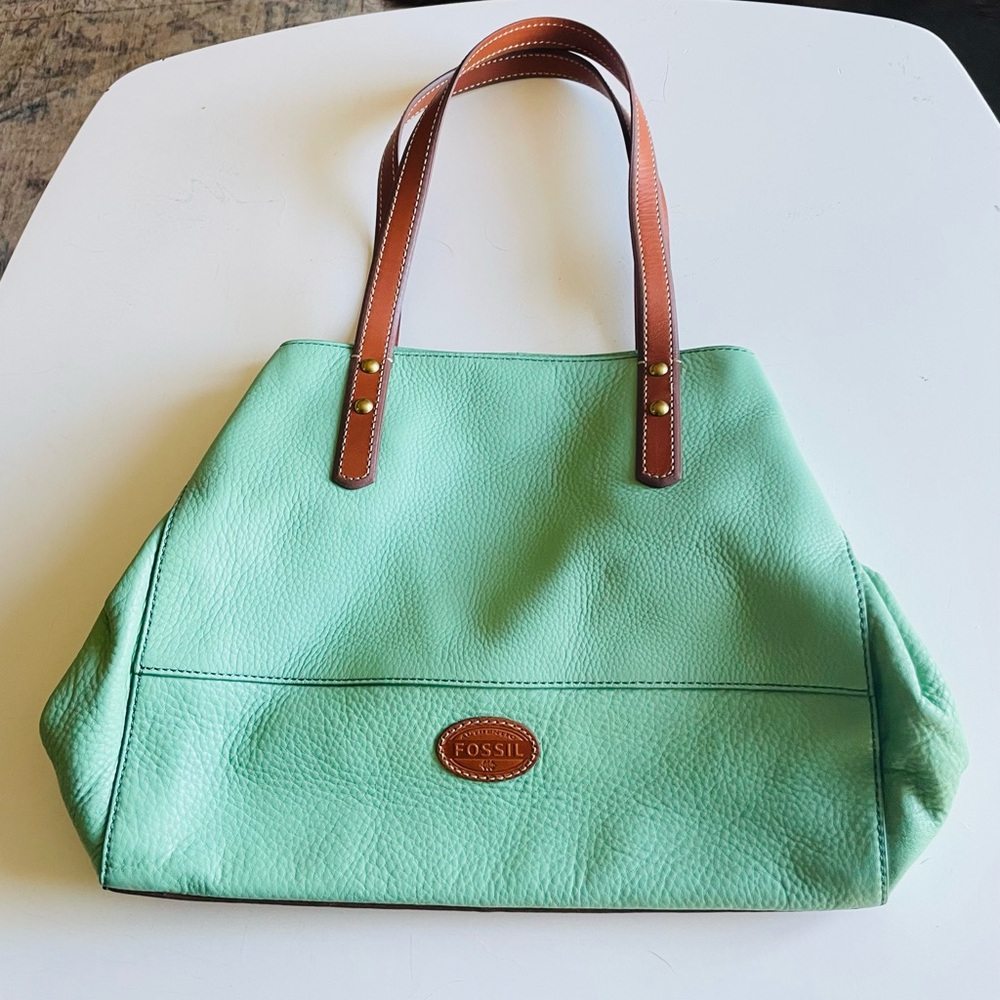 Fossil Mint Green Leather Tote Bag